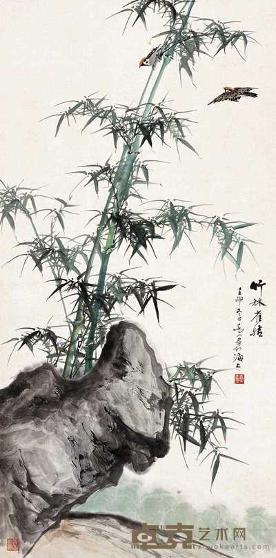 乔木 1992年作 竹林雀嬉图 立轴 136.5×67.5cm